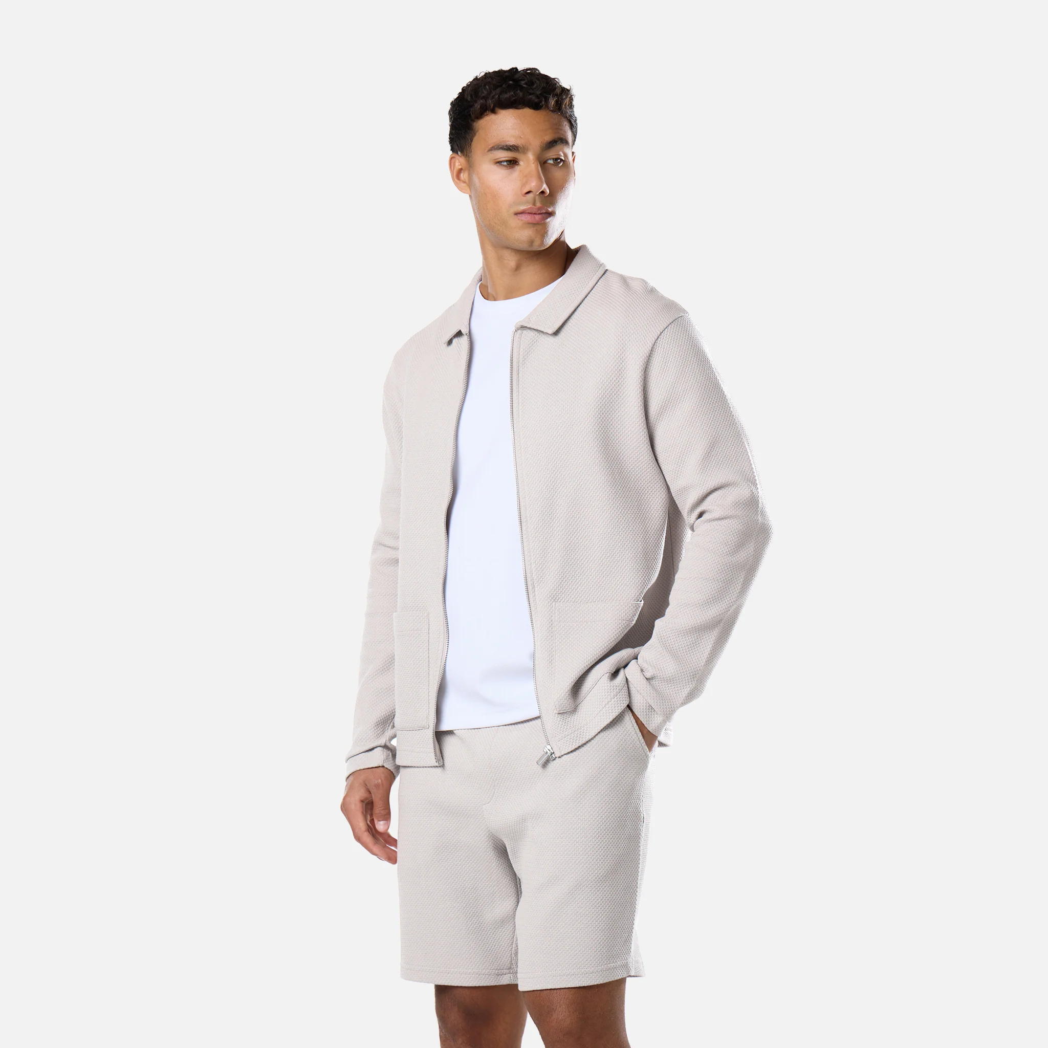Textured Full Zip Overshirt | Stone - Image 7