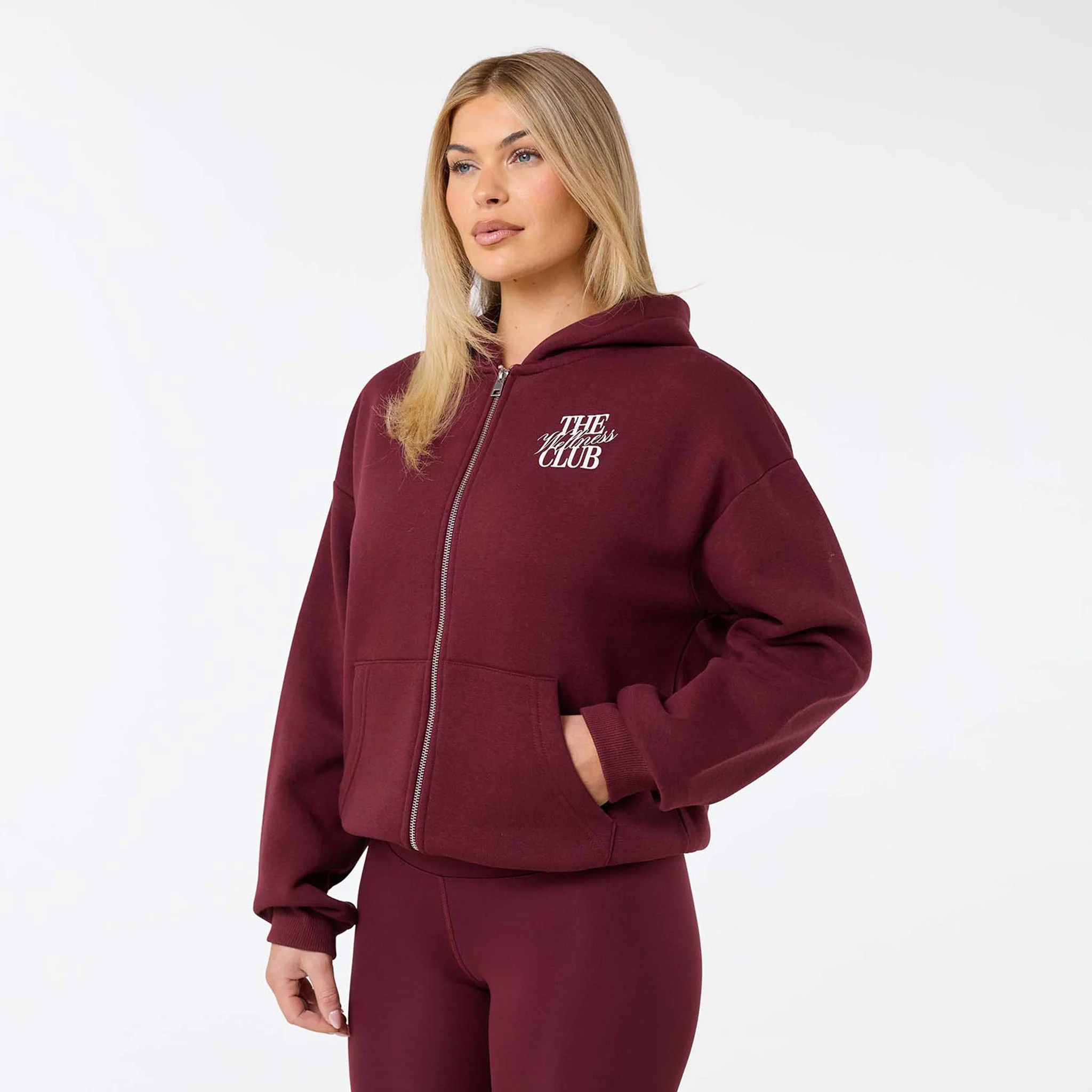 The Wellness Club Zip Hoodie | Burgundy/White - Image 4