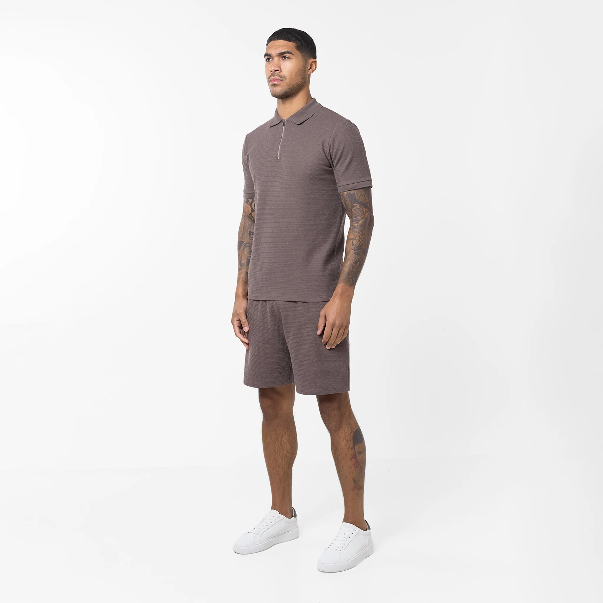 Tonal Knit Zip Polo | Brown - Image 3