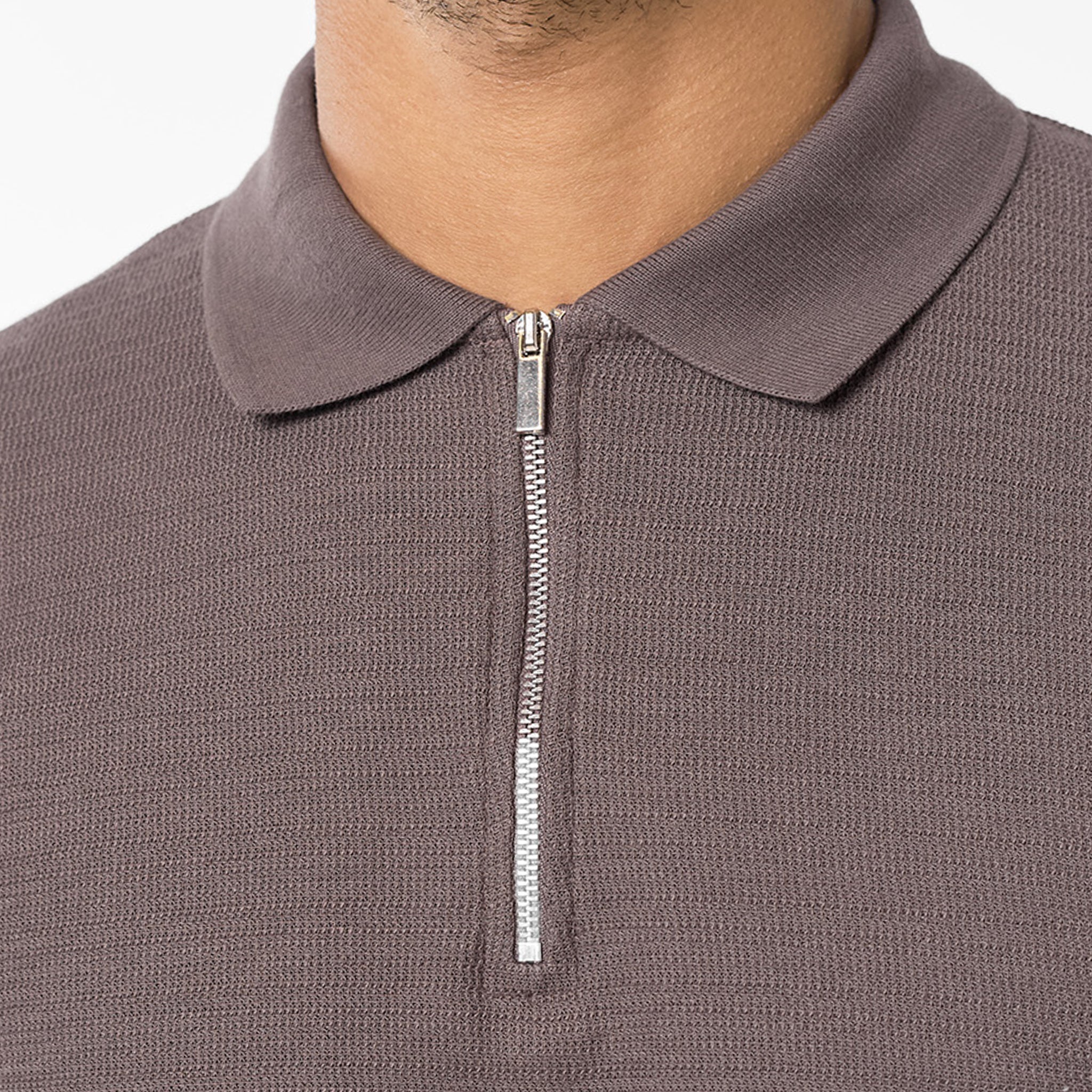 Tonal Knit Zip Polo | Brown - Image 4