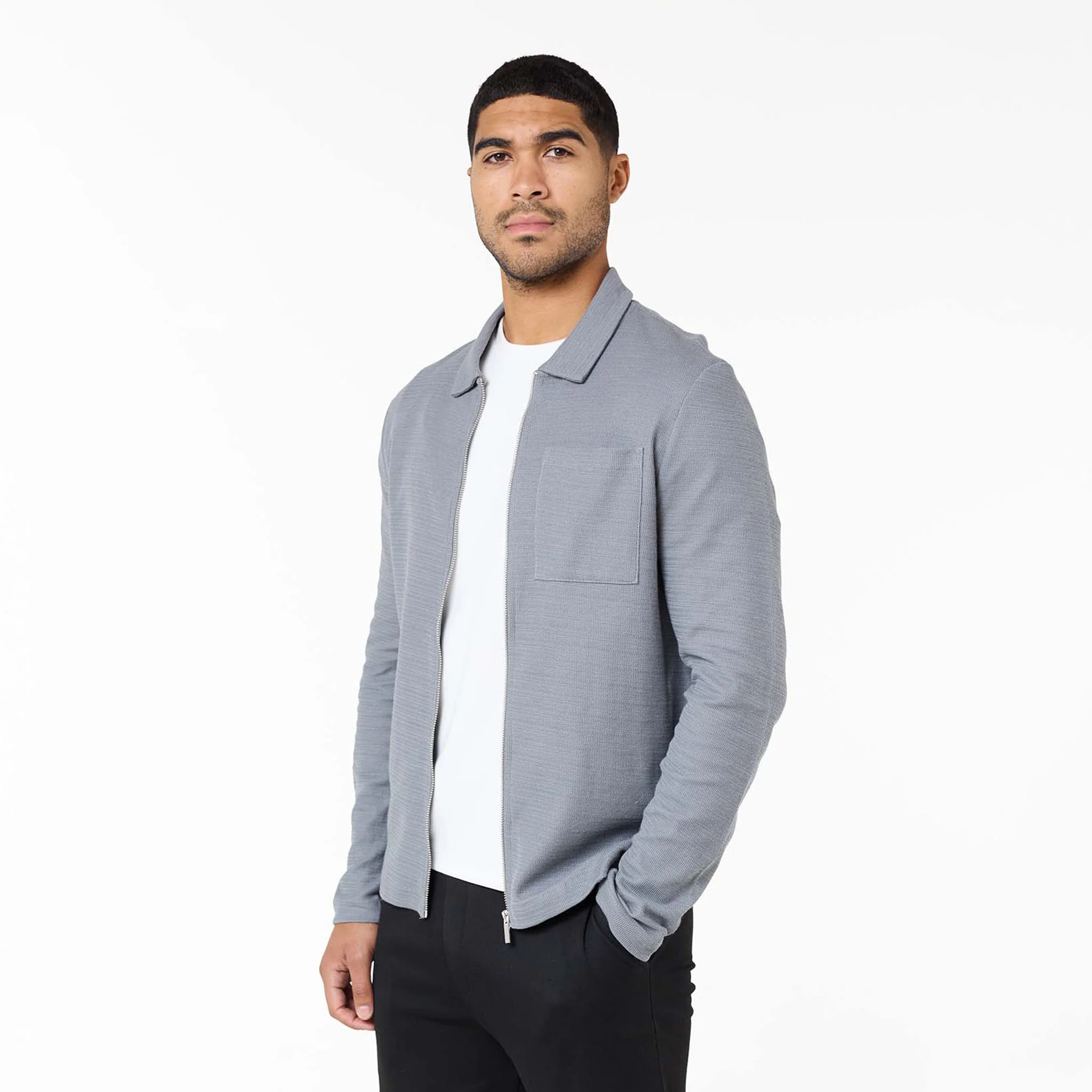 Tonal Knit Zip Overshirt | Mid Grey