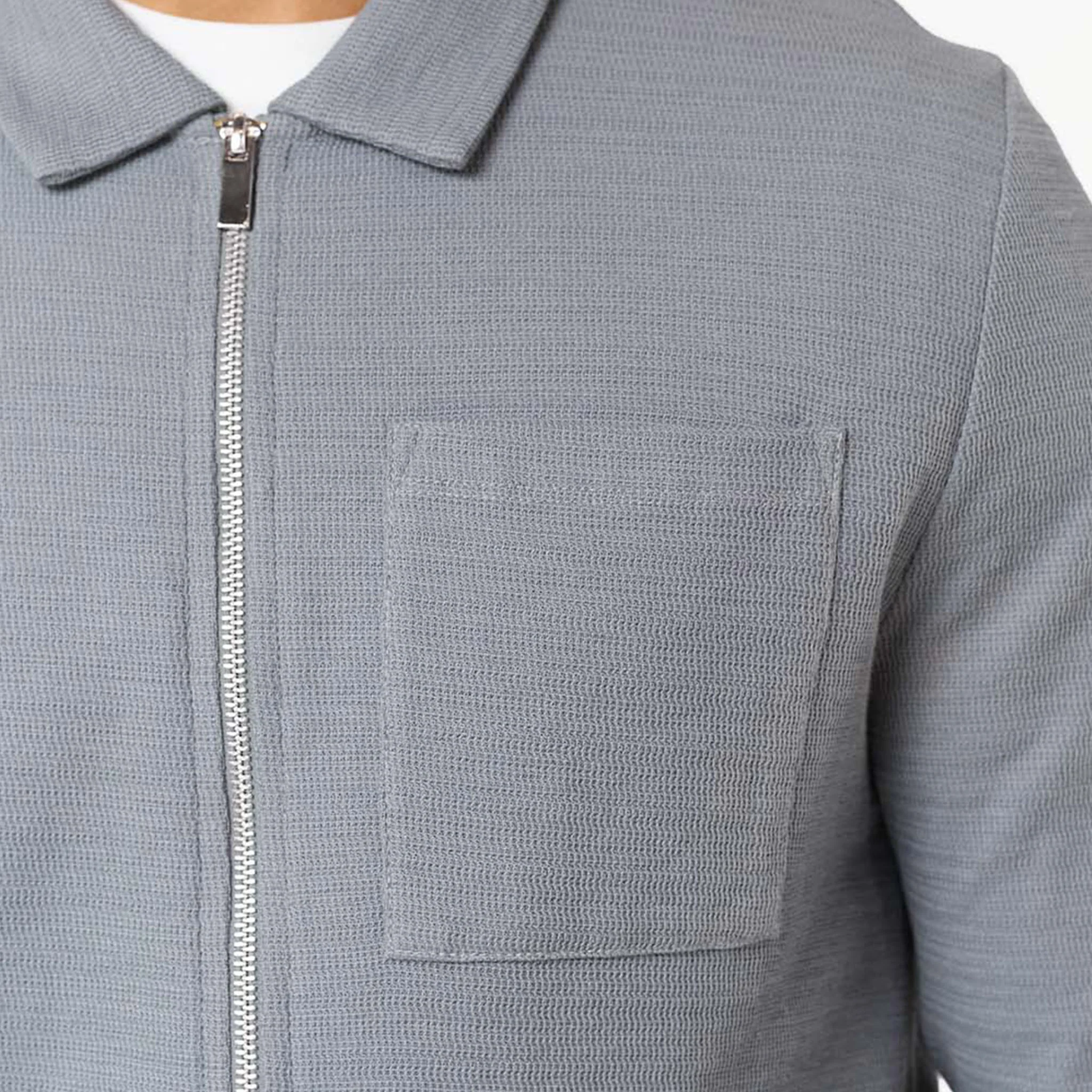 Tonal Knit Zip Overshirt | Mid Grey - Image 4