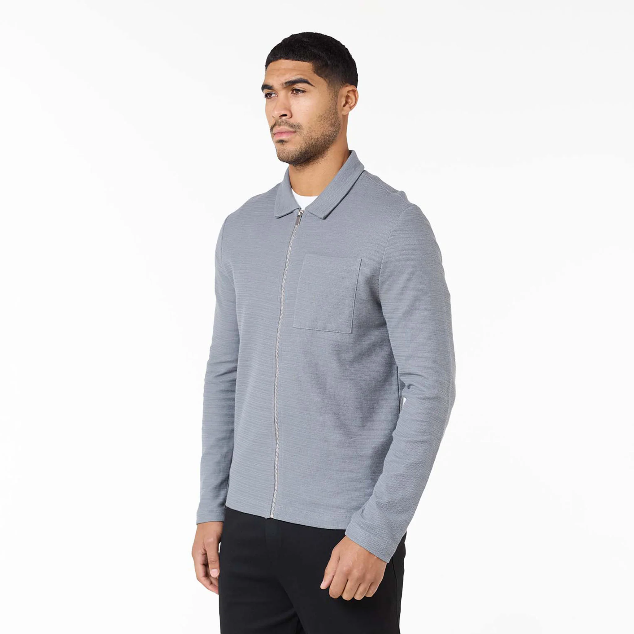 Tonal Knit Zip Overshirt | Mid Grey - Image 5