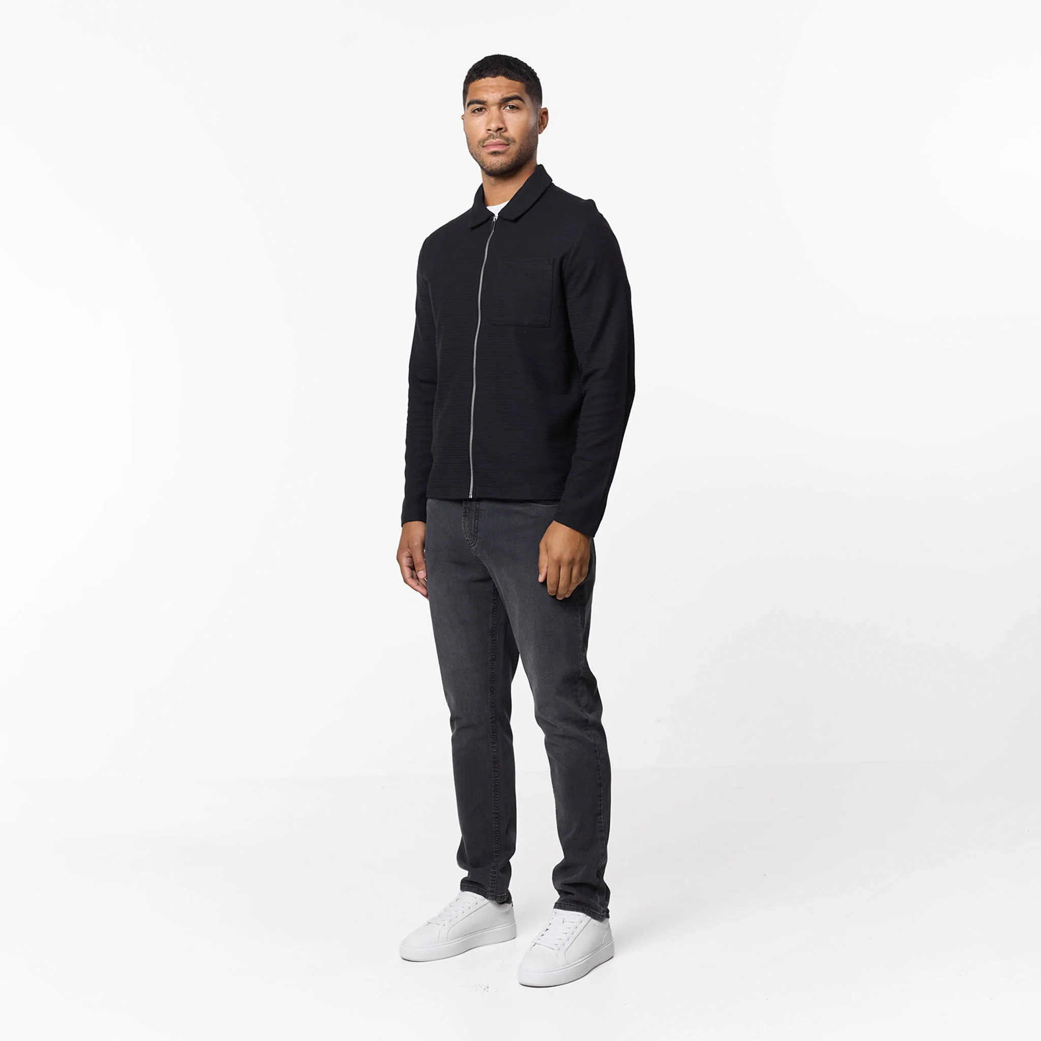 Tonal Knit Zip Overshirt | Black - Image 3