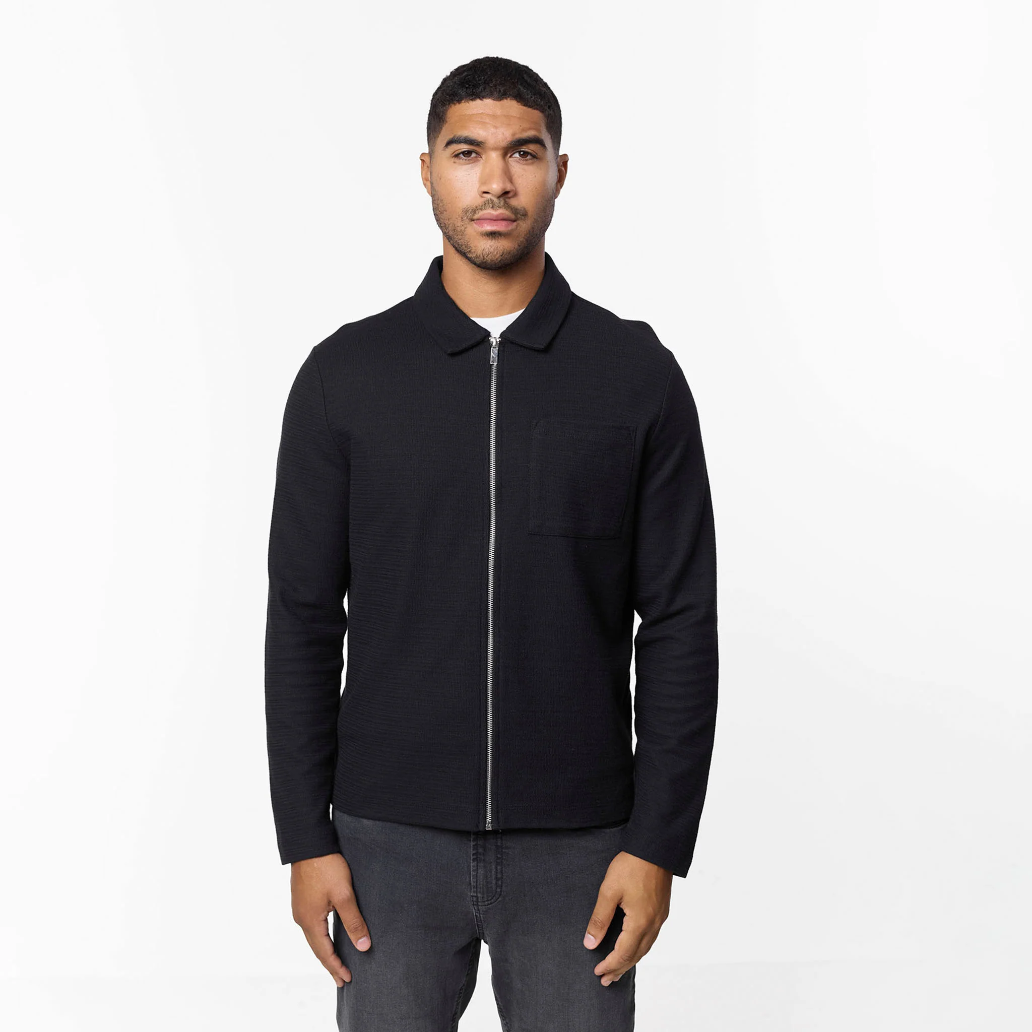 Tonal Knit Zip Overshirt | Black - Image 5