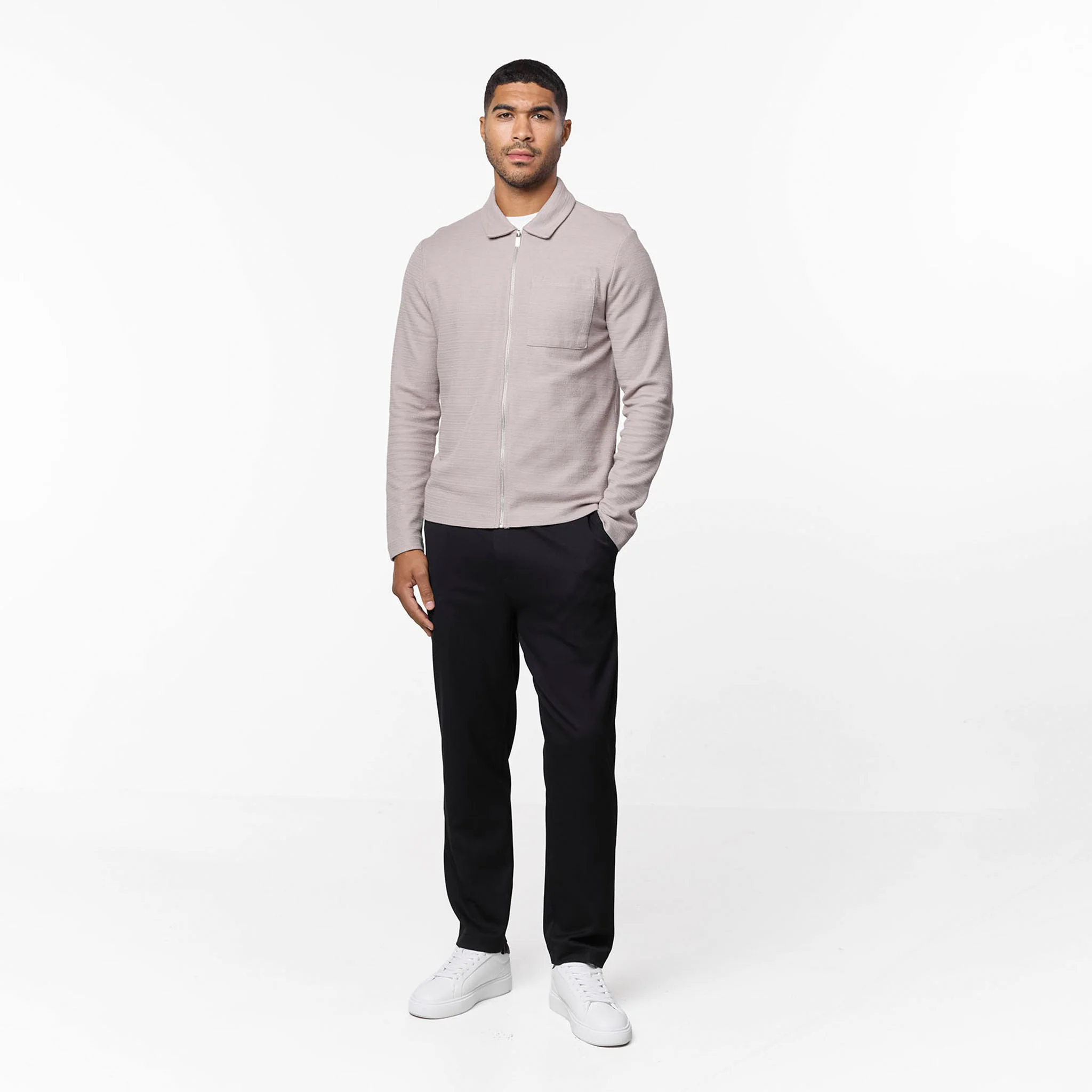 Tonal Knit Zip Overshirt | Stone - Image 3