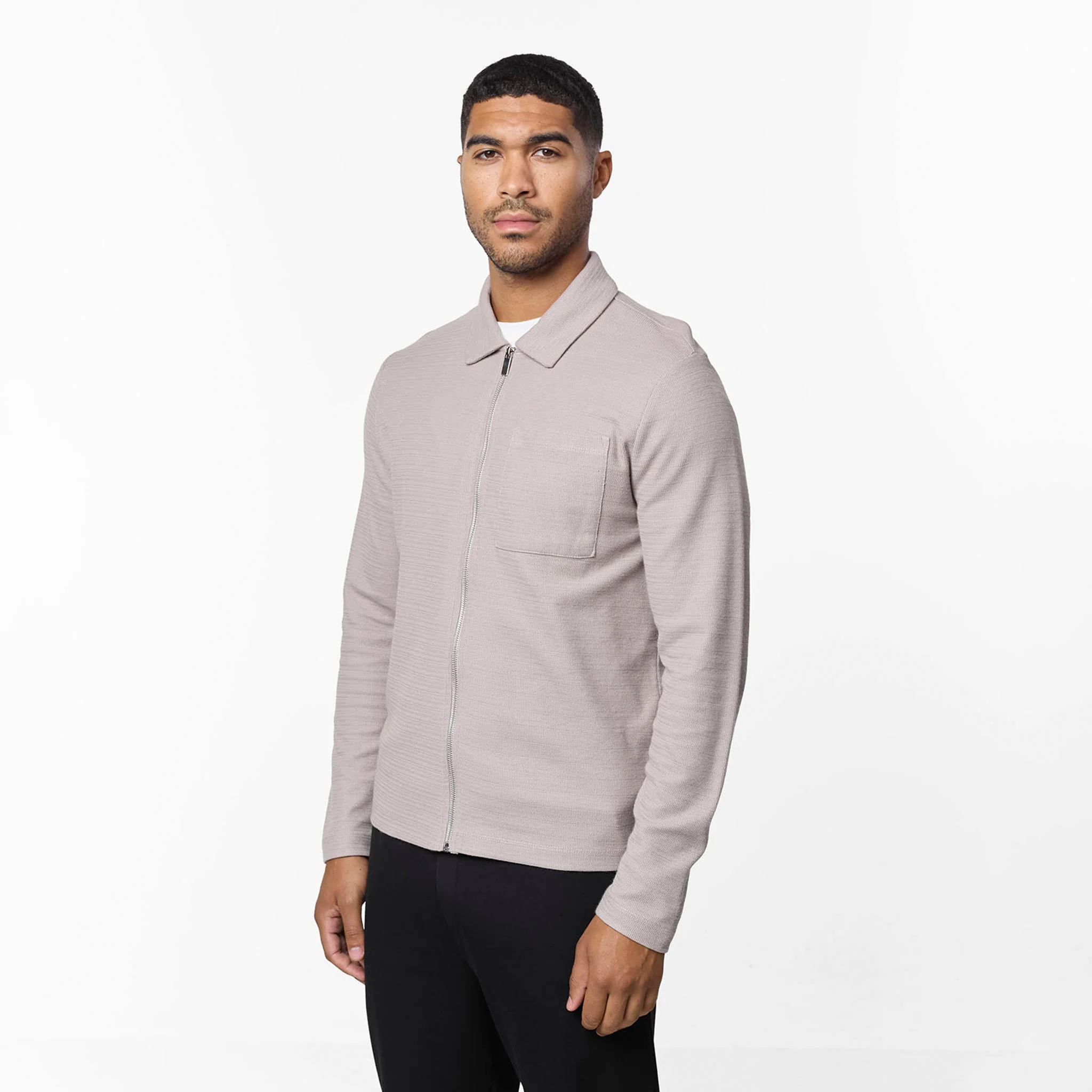 Tonal Knit Zip Overshirt | Stone - Image 4