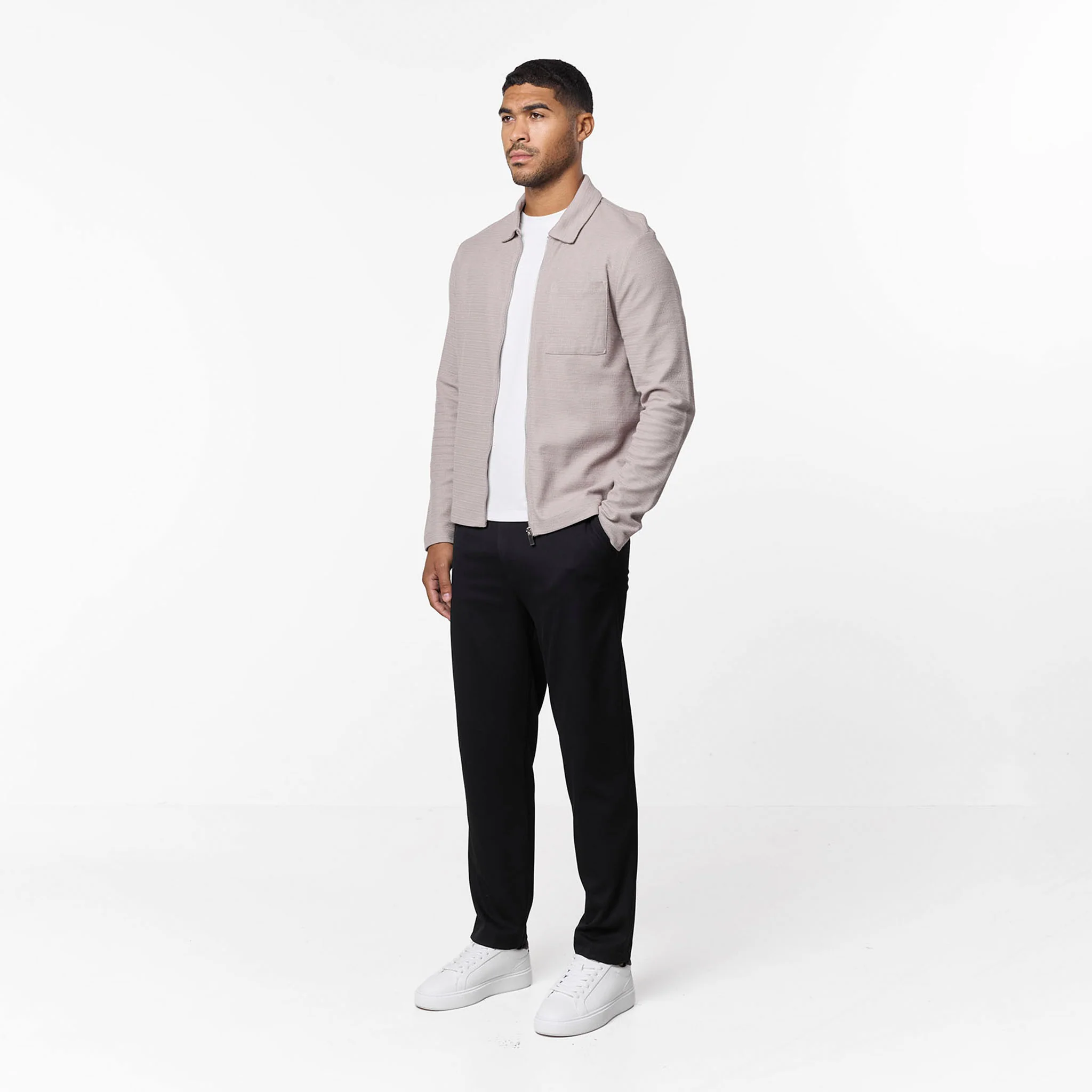 Tonal Knit Zip Overshirt | Stone - Image 5