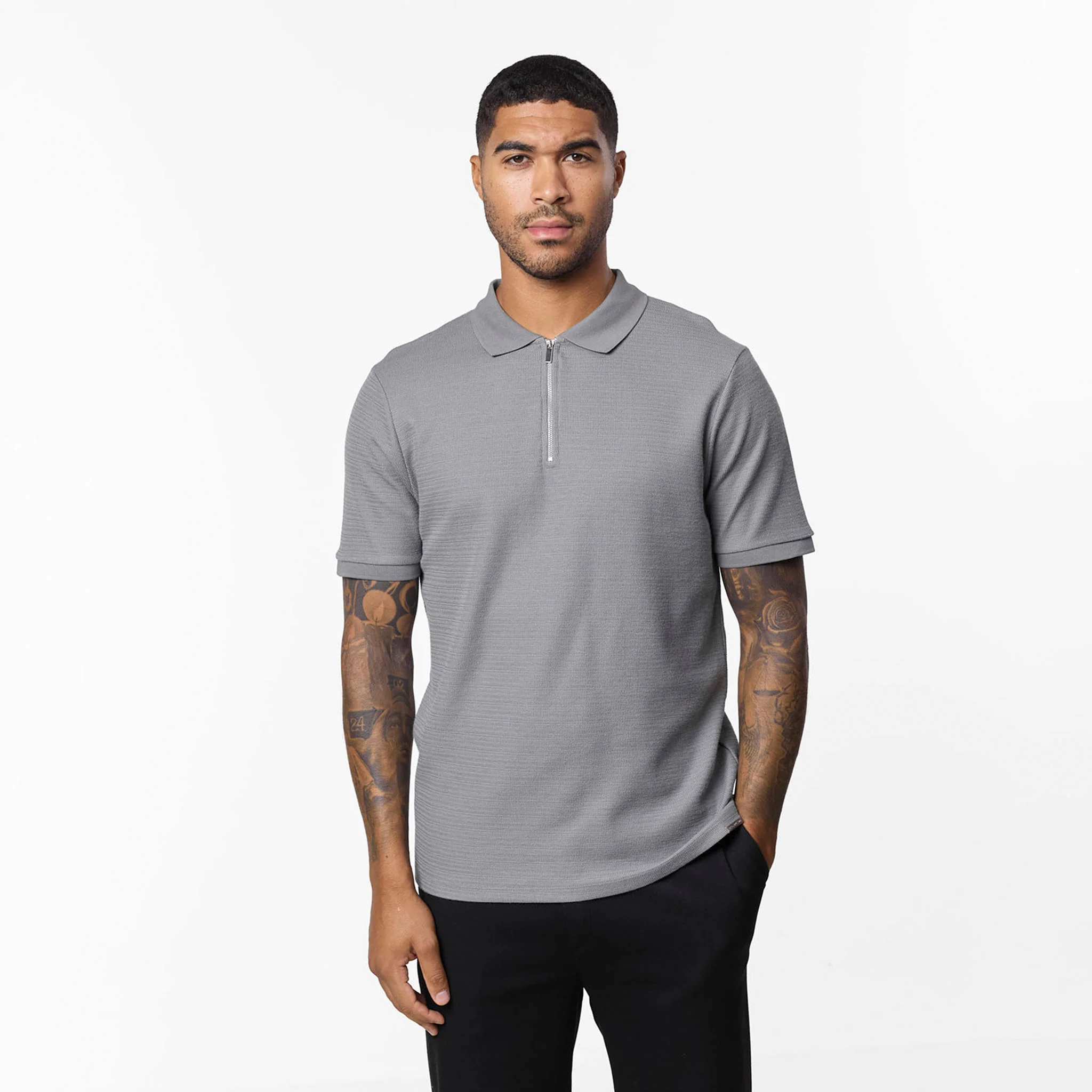 Tonal Knit Zip Polo | Grey - Image 3