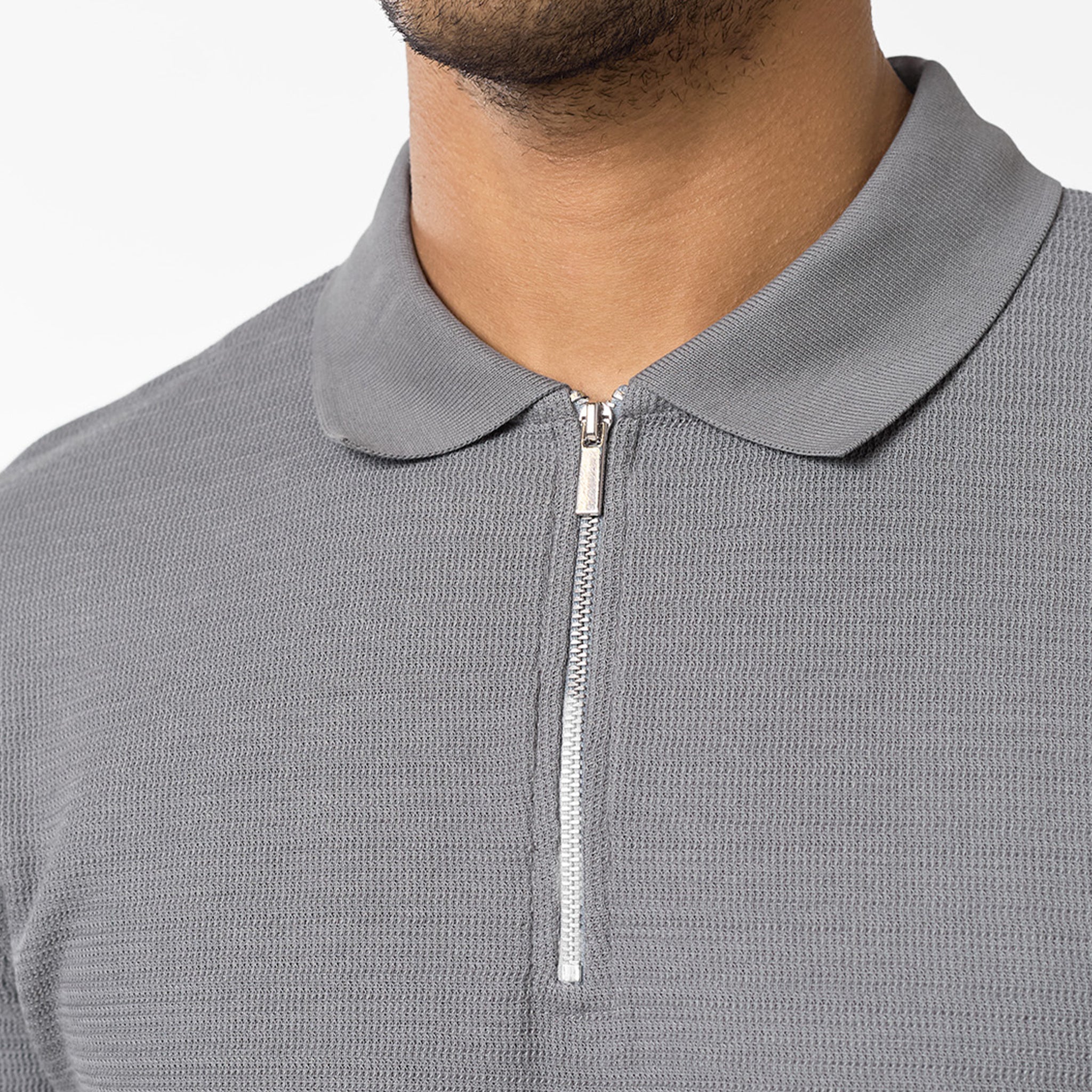 Tonal Knit Zip Polo | Grey - Image 4