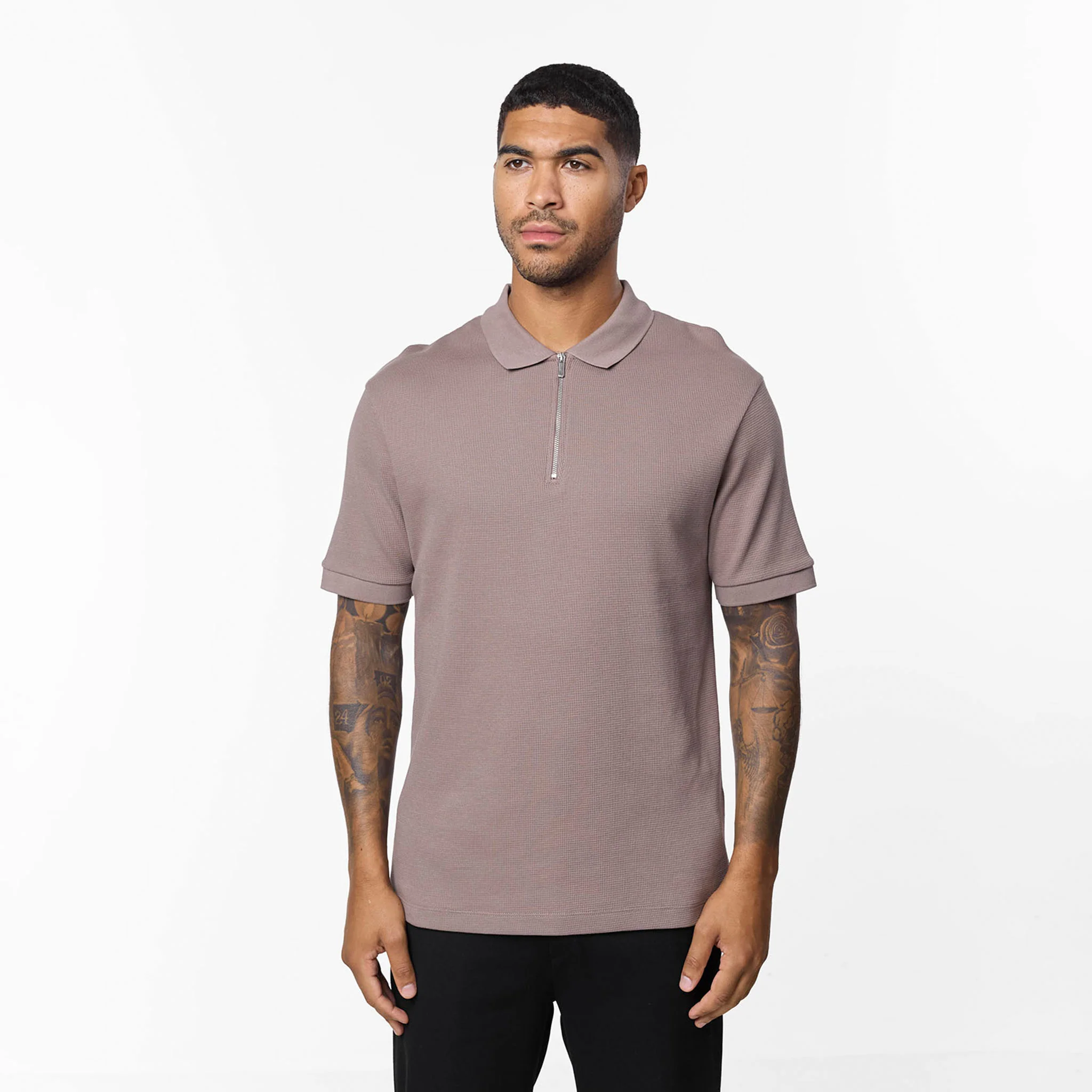 Waffle Knit Zip Polo | Brown - Image 4
