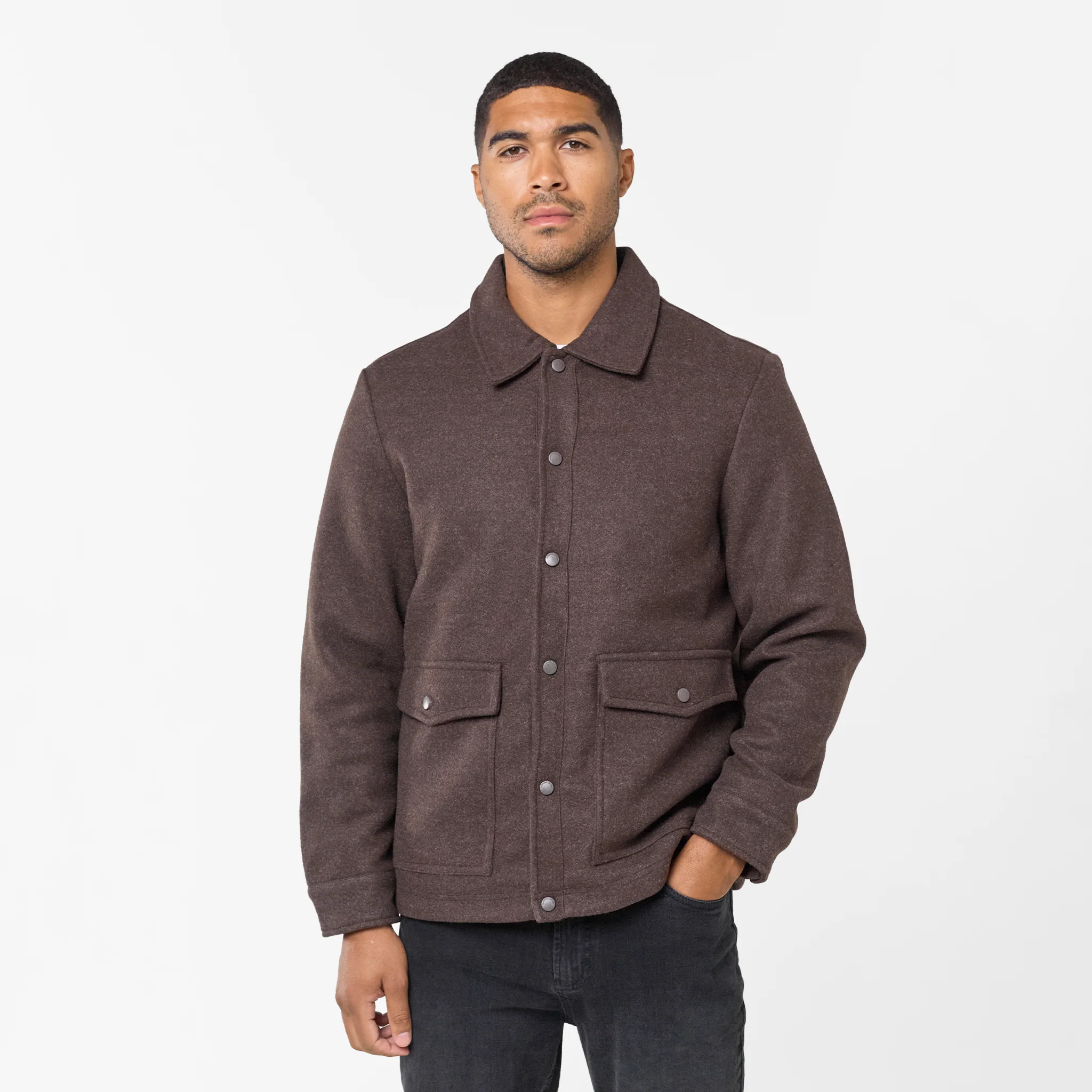 Faux Wool Button Up Jacket | Brown